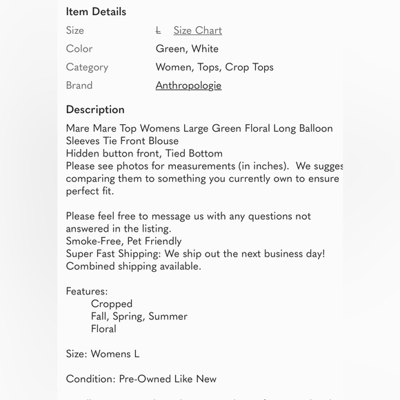 Anthropologie Mare Mare Top Womens L Green Floral Long Balloon Sleeves Tie Front - Picture 12 of 12